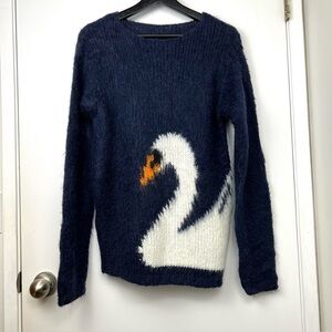 Novelty Swan Long Sleeve Mohair Blend Sweater size S/M Navy White Whimsical
